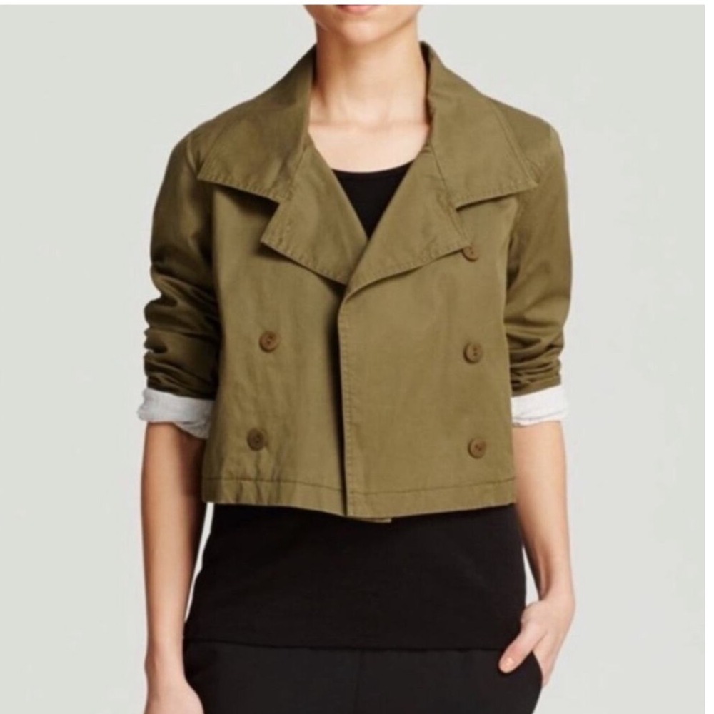 EILEEN FISHER Olive Green Double Breasted Cropped Short trench Jacket Size L